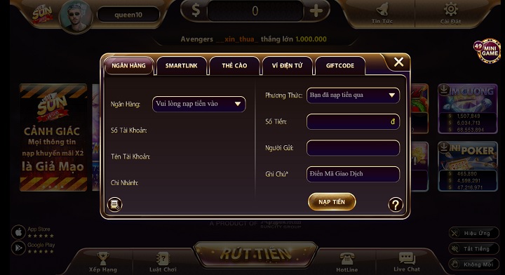 Sunwin hệ thống thanh toán đa dạng