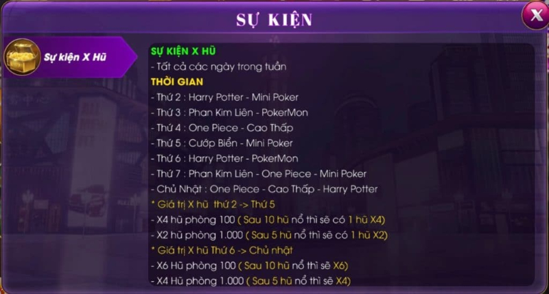 Các sự kiện X hũ hàng ngày tại cổng game