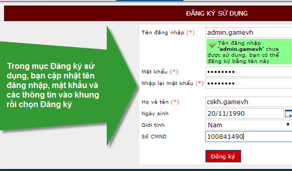 Giao diện đăng ký vào game